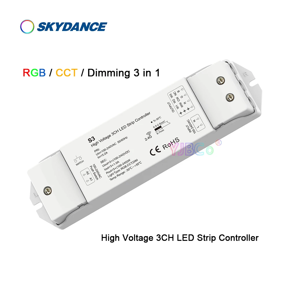 Imagem -02 - Controlador de Led de Alta Tensão em Dimmer Rgb Cct Escurecimento em 110v220v ca ch 2.4g rf Empurre Dim Única Cor Skydance3-in1