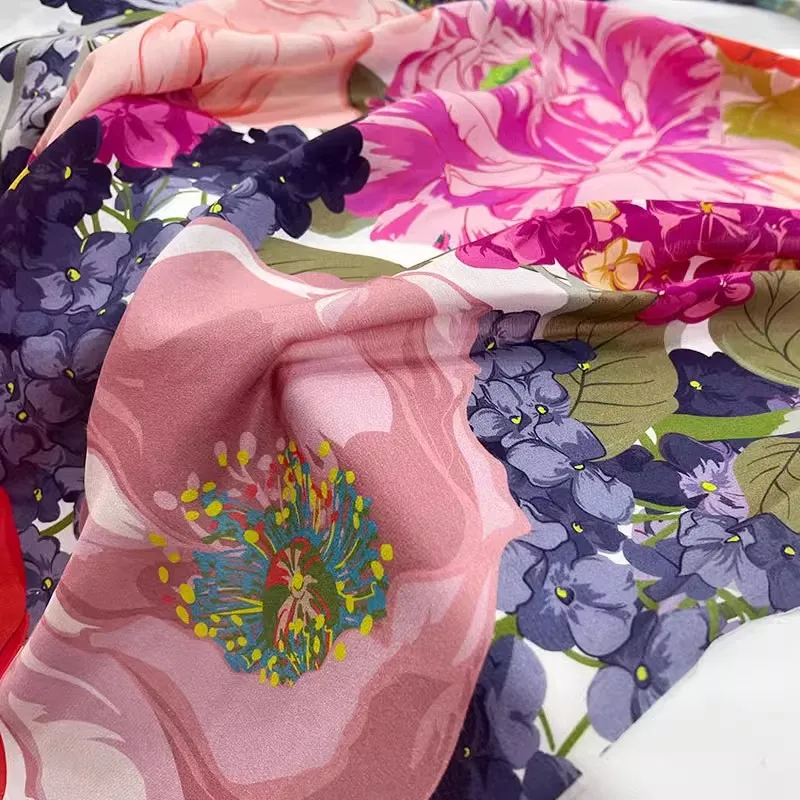 Europe And America Fashion Big Hydrangea Printed Double Crepe Silk Fabric For Women Dress Blouse Handmade DIY Cloth Sewing