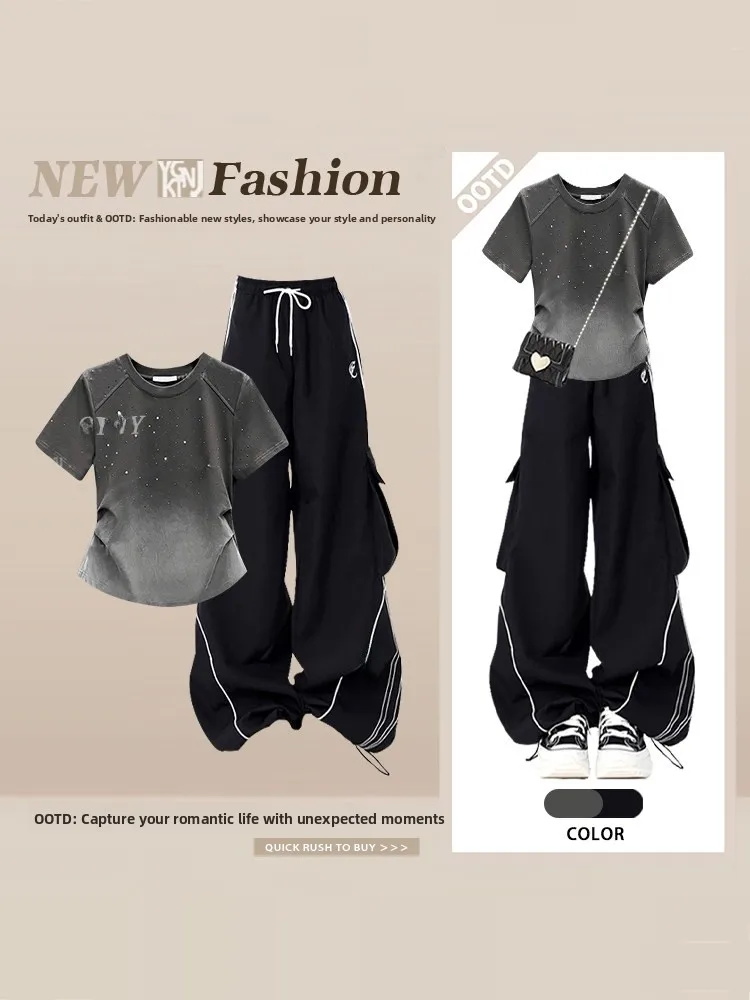 

round Neck Short Diamond Embedded T-Shirt Set Casual Sporty High Waist Long Pants Two Piece Set for Spring Season Women's Fas...