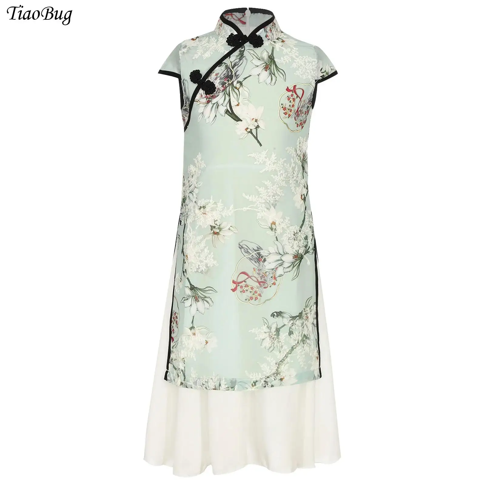 

Kids Girls Cheongsam Chinese Traditional Costume Floral Print Embroidery Cap Sleeves Knot Button Sides Split Double-Layer Dresss