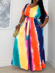 LW Plus Size Tie Dye Belt Design Dress Summer Vacation Style Color Contrast A-line Dress Short Sleeve V Neck Floor Length Dress