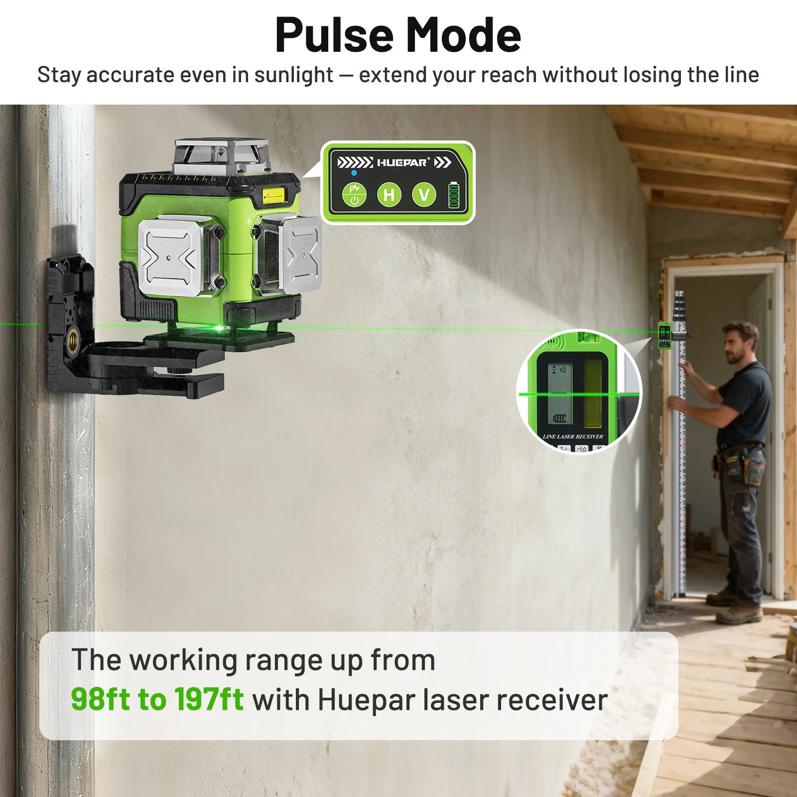 Huepar 4D Green Laser Level 360 Full Coverage Self Leveling Cross Line High Brighness Laser Leveler Tool With LCD Screen Y04CG