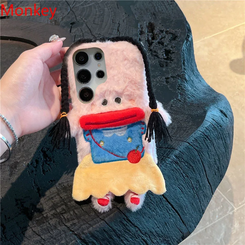 3D Cartoon Braided Girl Silicone Phone Case For Samsung S25 S24 S23 FE S22 S21 S20 S10 S9 Cute Warm Fur Sausage Mouth Cover Gift