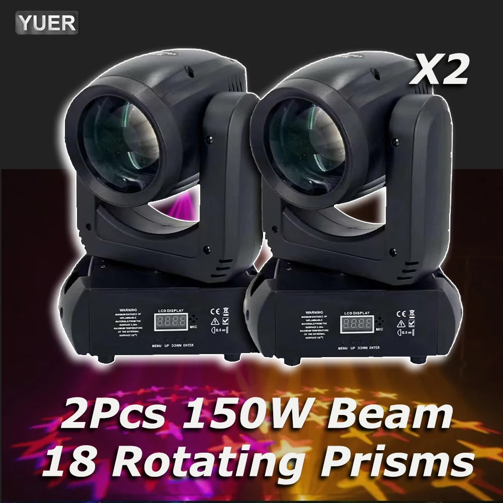 Mini LED Moving Head Light, feixe de luz, 18 prismas rotativas, DMX Stage Effect, Disco, DJ, Bar, Wedding Club, 150W, 2pcs por lote