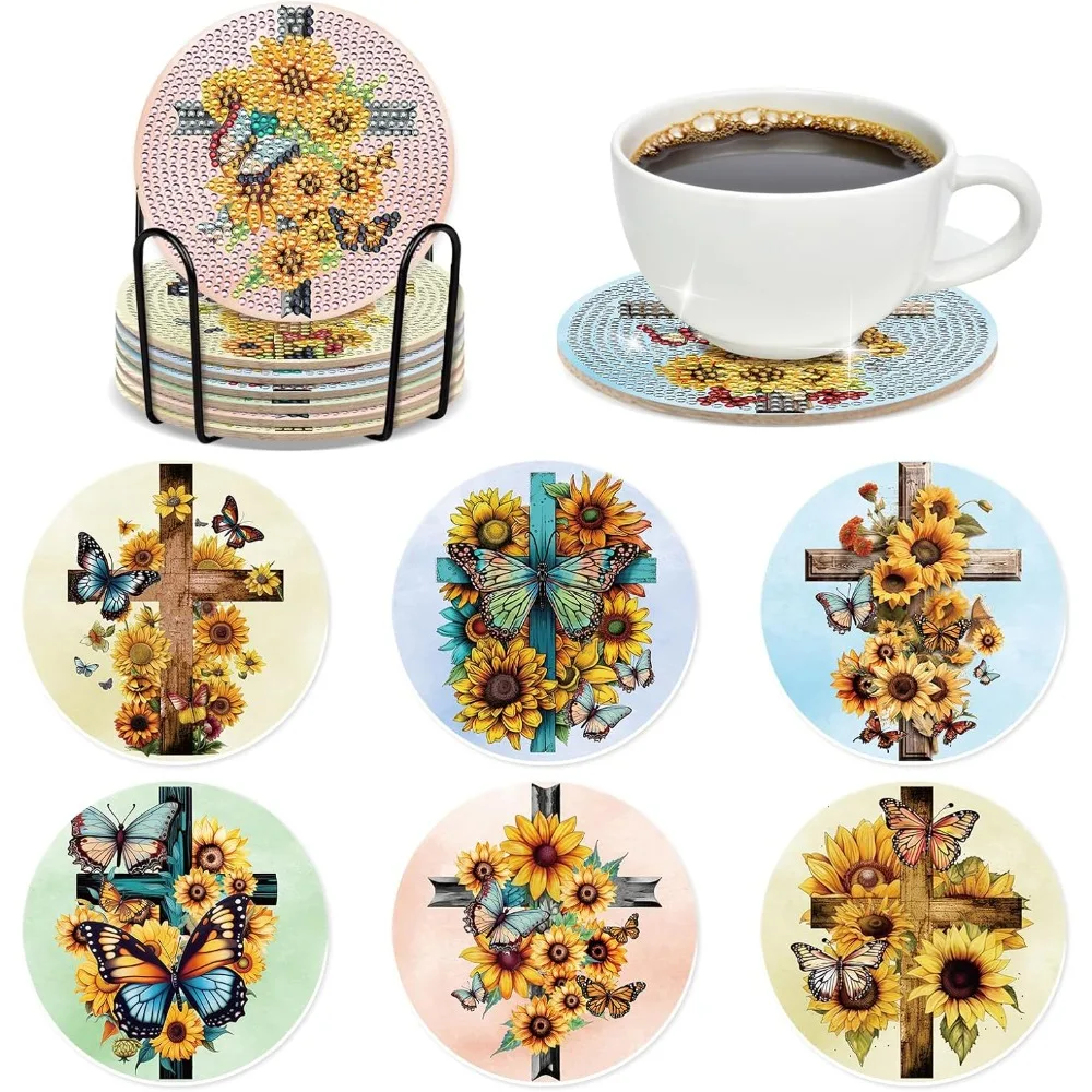 

Diamond Art Coasters - 6 PCS DIY Cross Diamond Painting Coasters Kits With Sunflower Butterfly Pattern Religions