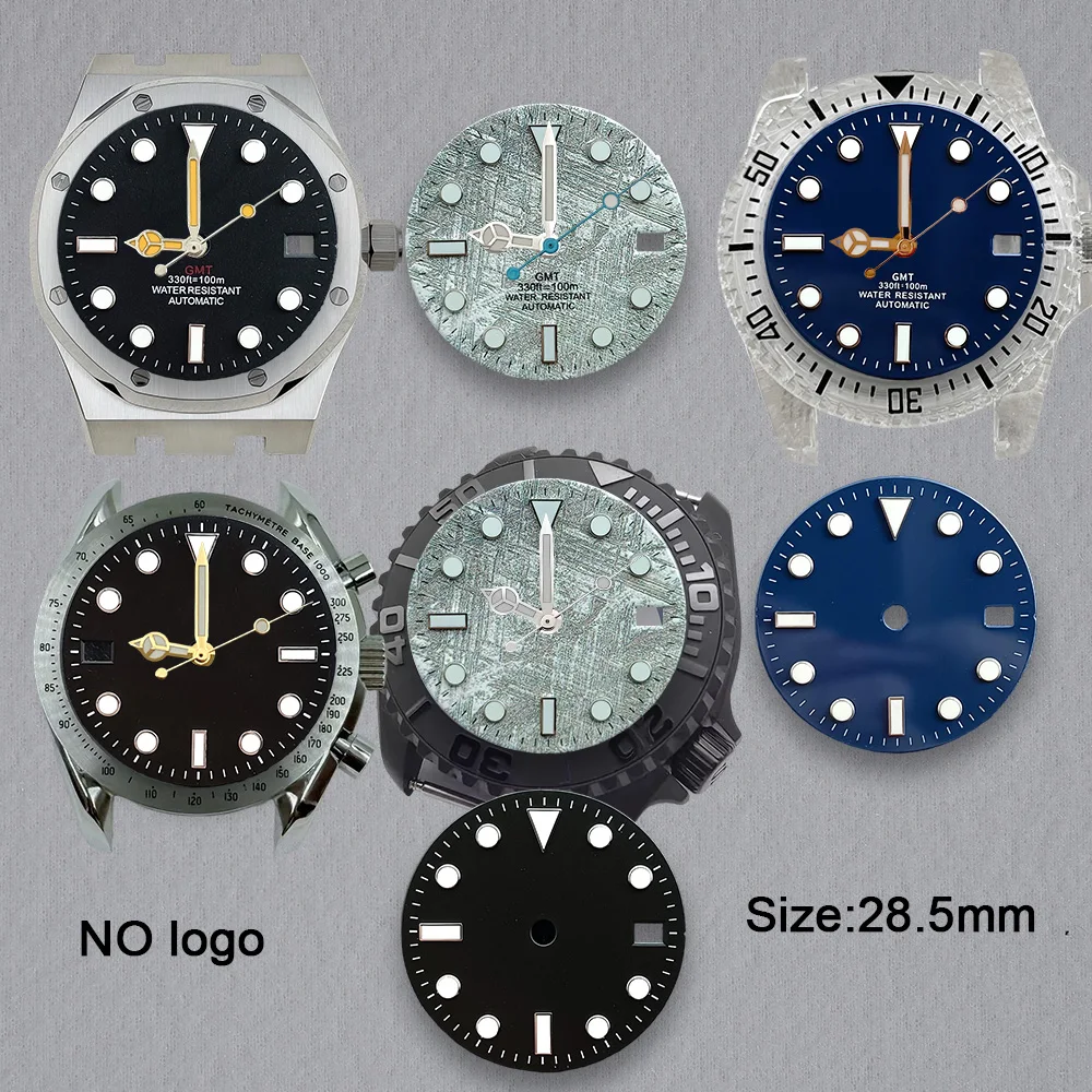 High-Quality 28.5 mm No Logo Blank Dial For NH34 Movement Green Luminous Custom Logo Watch Dials Hands Accessories Repair Tools