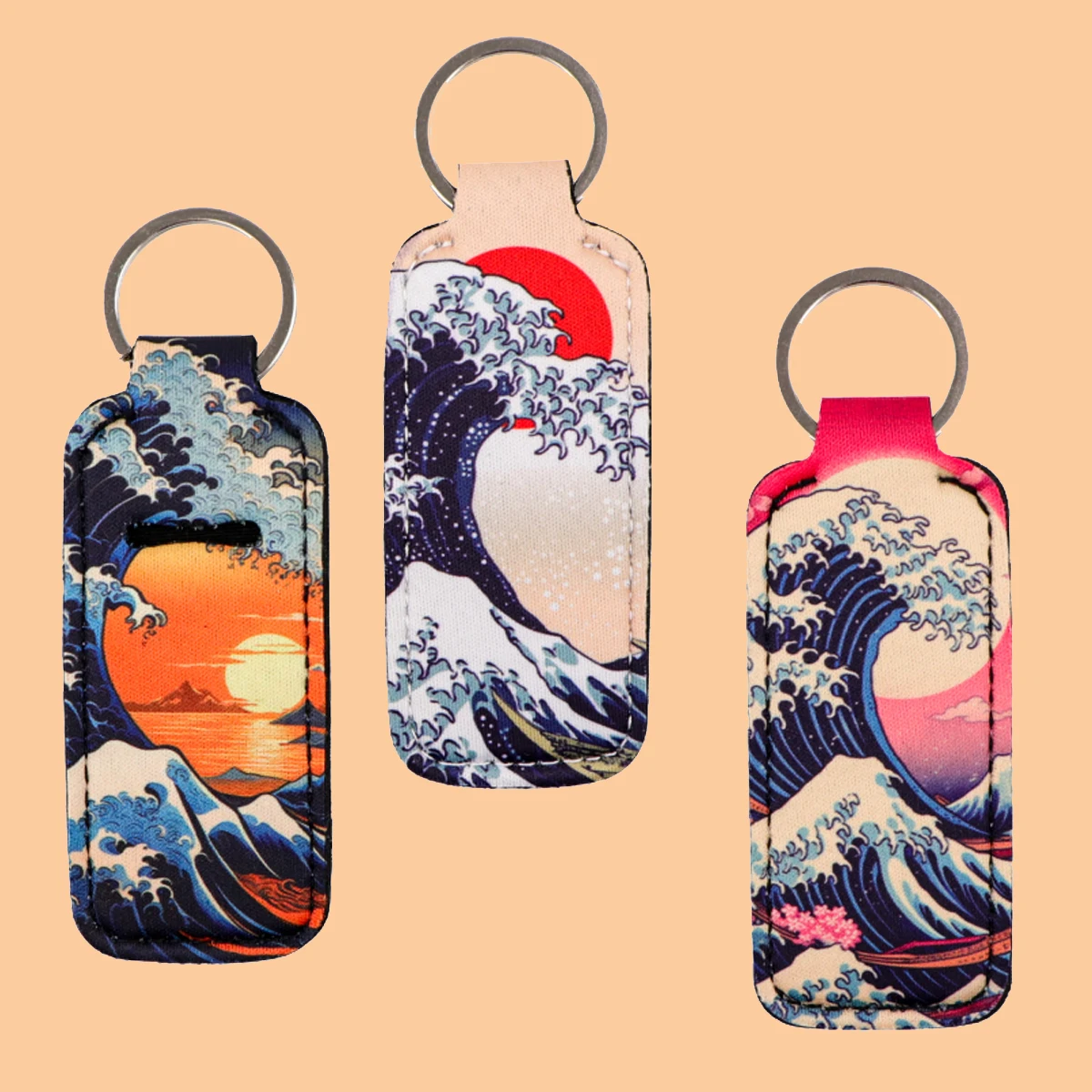 Sea Wave Clip On Lipstick Sleeve Holder Keychain Sunset Print Cartoon Keyring Trendy Lip Balm Key Chain Accessories