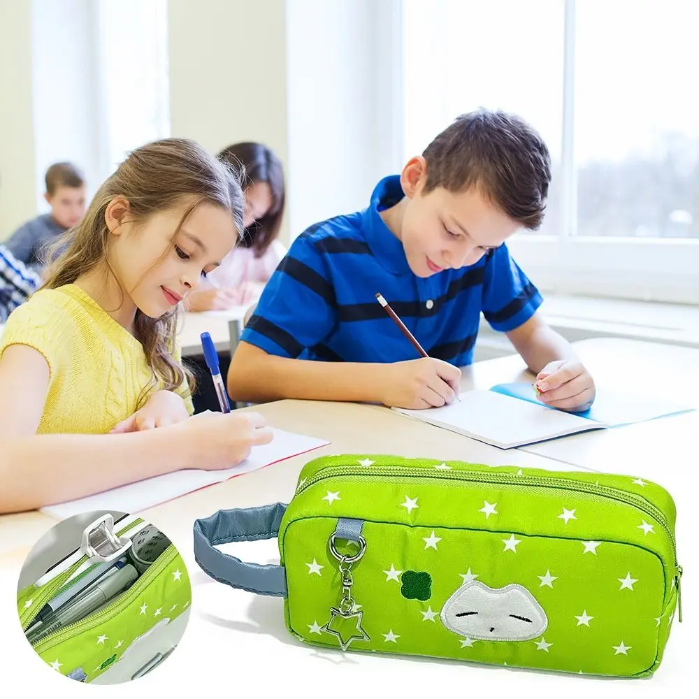 

Durable Green Pen Bag Star Clover Kitten Pattern Large Capacity Pencil Case Portable Handheld Stationery Organizer Students