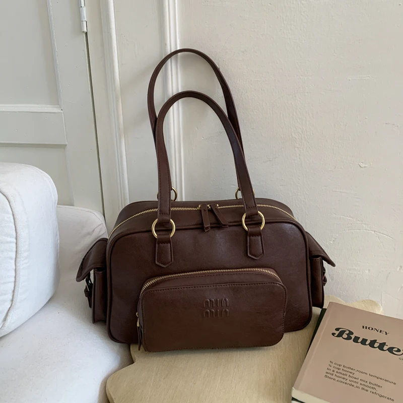 

Timeless Classic Women Handbag Smooth Leather Shoulder Bag Ladies Top Handle Purse With Gold-Tone Accents