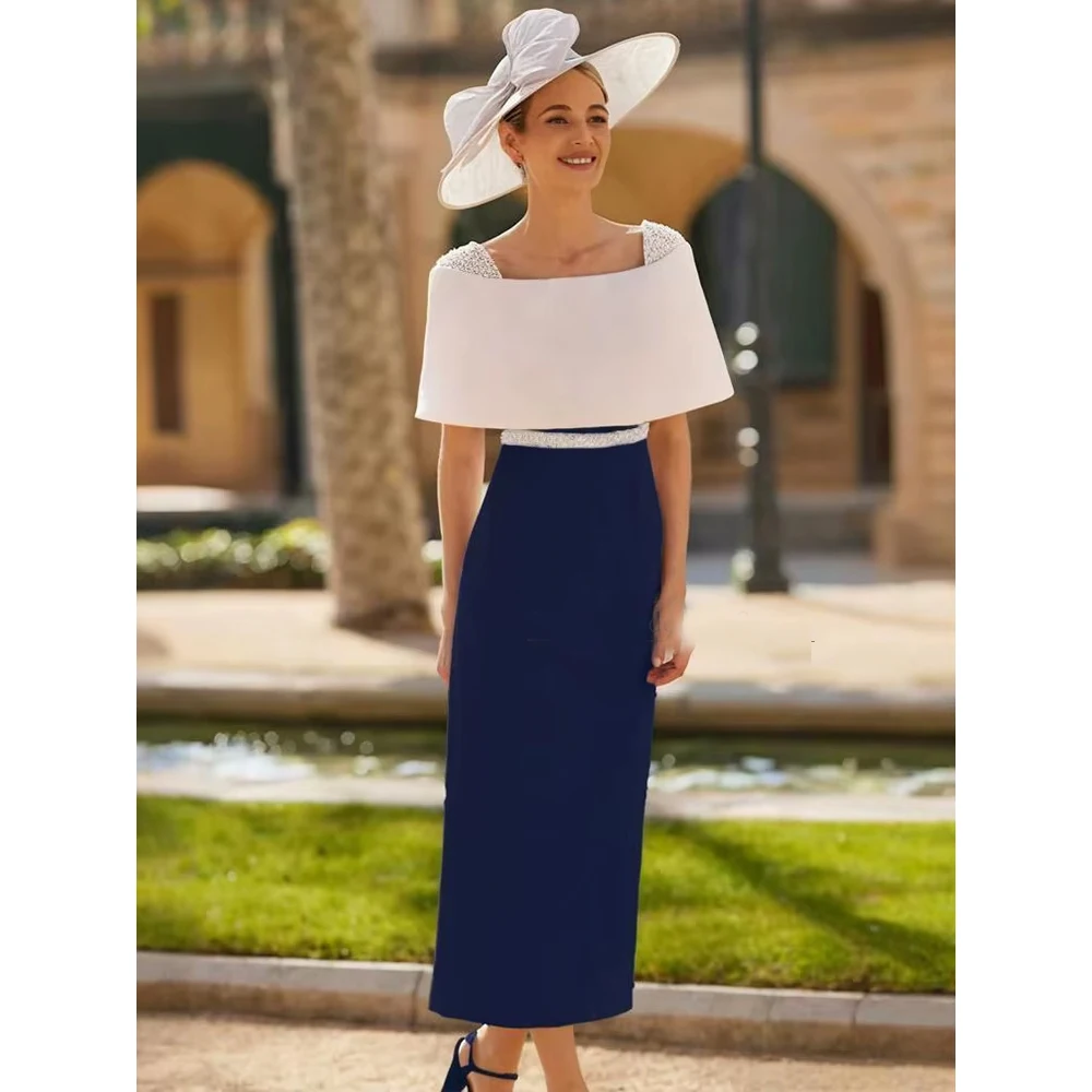 Customized Mother of the Bride Dress Column Pearls Ivory Navy Blue Guest Maxi Ankle Length Bow Cocktail Wedding Party Dresses