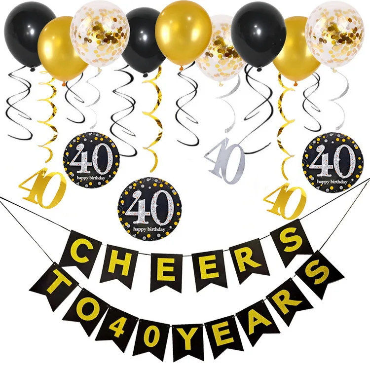 Black Gold Birthday Party Decorations Set Balloon Paper Flower Ball Letter Pull Flag PVC Spiral