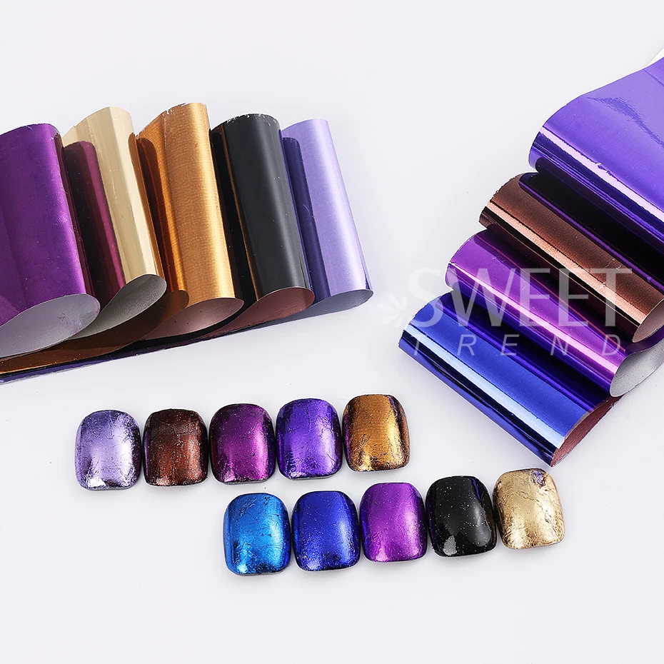 10pcs 금속 네일 전송 포일 거울 골드 실버 보라색 별이 빛나는 종이 젤 폴리쉬 전송 스티커 DIY 패턴 매니큐어 장식
