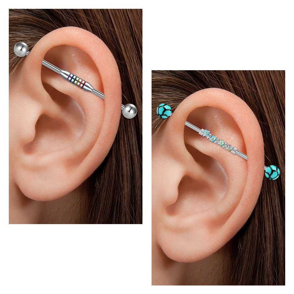 Stainless Steel Colorful Industrial Barbell Earrings, Arrow Screw Shape Straight Rod Pointed Ear Studs Body Piercing  Long Rod