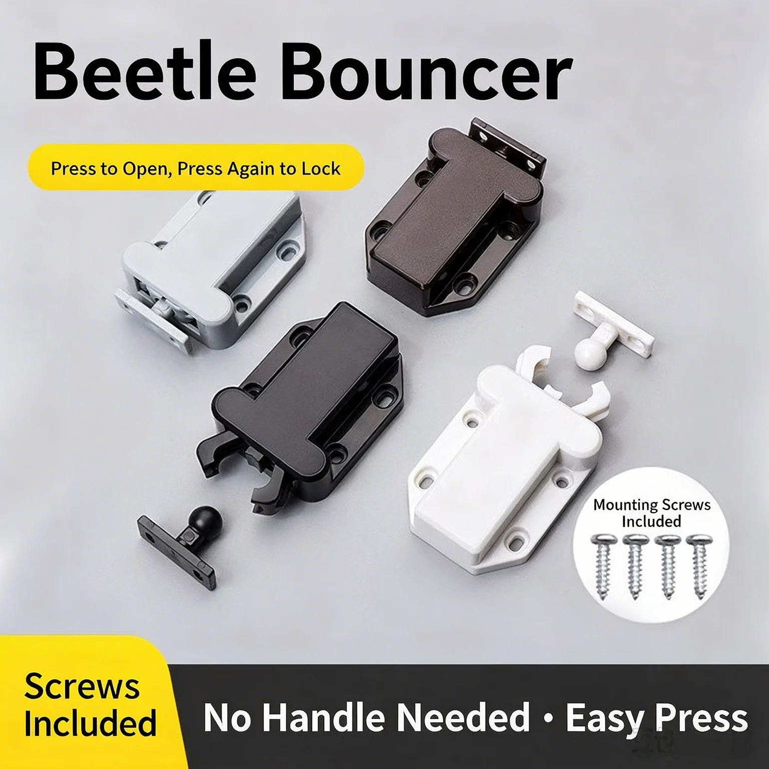 Cabinet Door Push Open Self-Locking Latch, Beetle Spring Touch Catch Plastic No Pull Handle Cabinet Hardware
