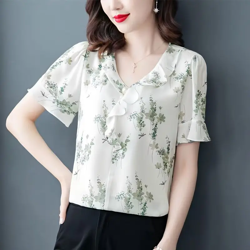 Camiseta de tintura solta feminina, pulôver chiffon, manga curta, estampa de flores e plantas, tops com decote v, roupas de verão, moda elegante