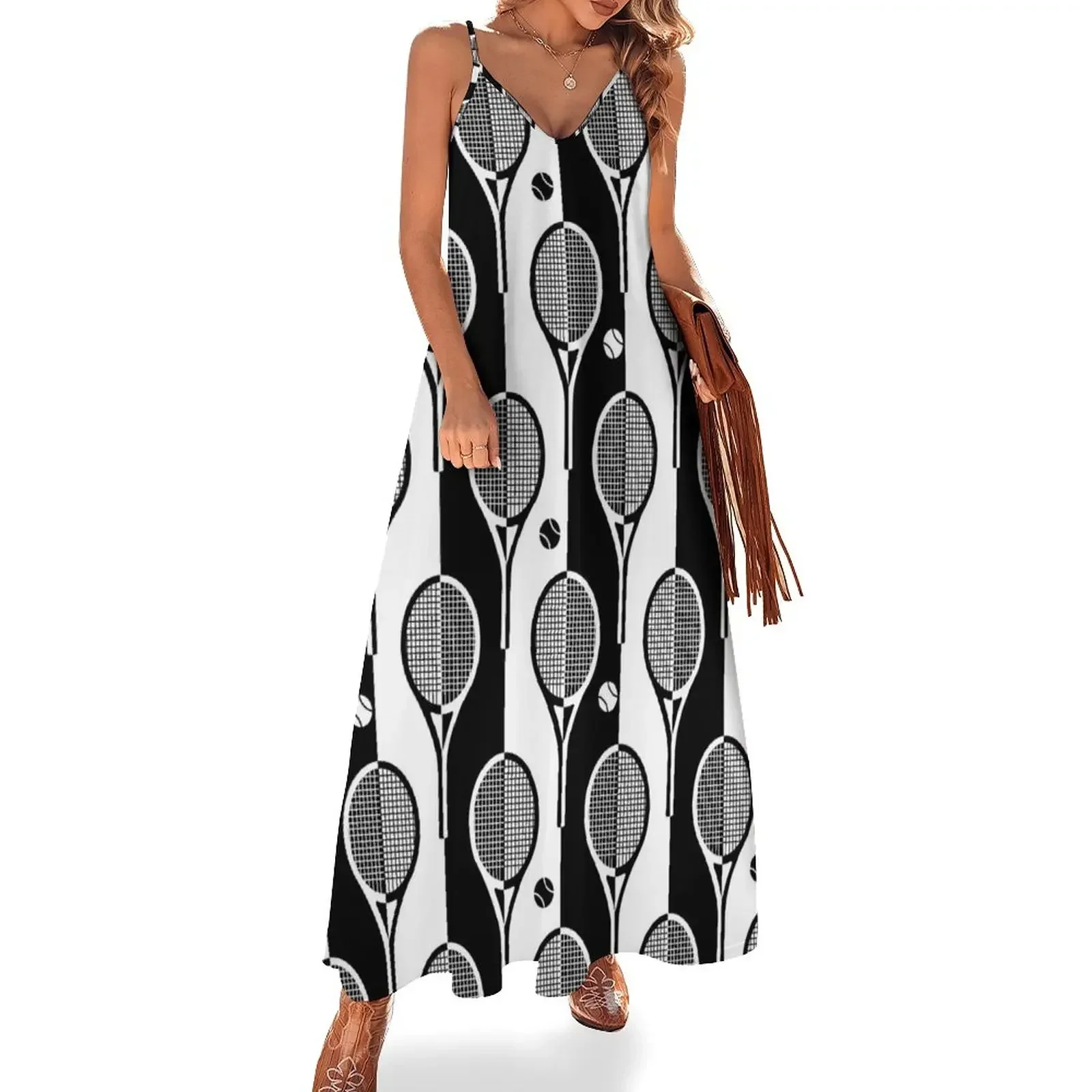 Black and white Tennis rackets on stripy background Sleeveless Dress Dress women elegant and pretty women's dresses Dress