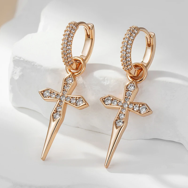 Kinel Luxury Cross Dangle Earrings for Women 585 Rose Gold Color With Natural Zircon Accessories Vintage Daily Fine Jewelry
