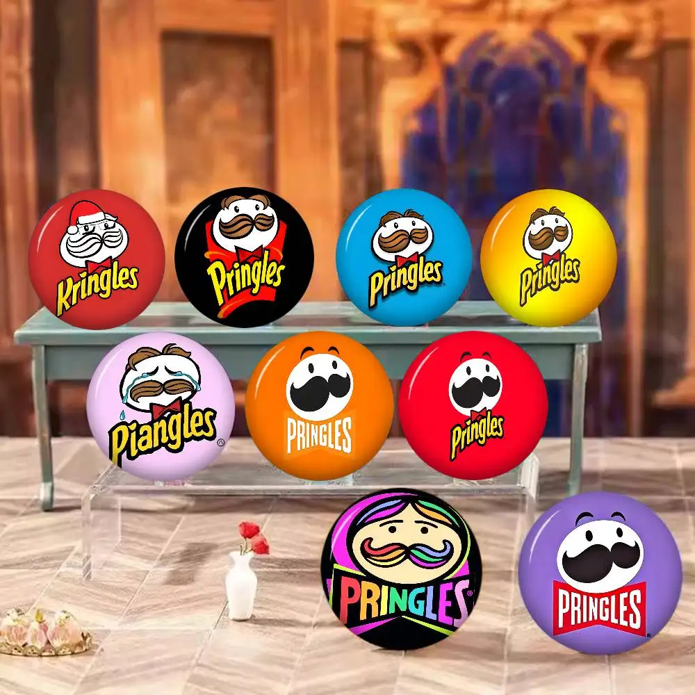 Potato Chip Brands P-Pringles 32/44/58mm Round Brooches Handmade Pins for Backpack Jewelry Accessories Gifts Creative Badge