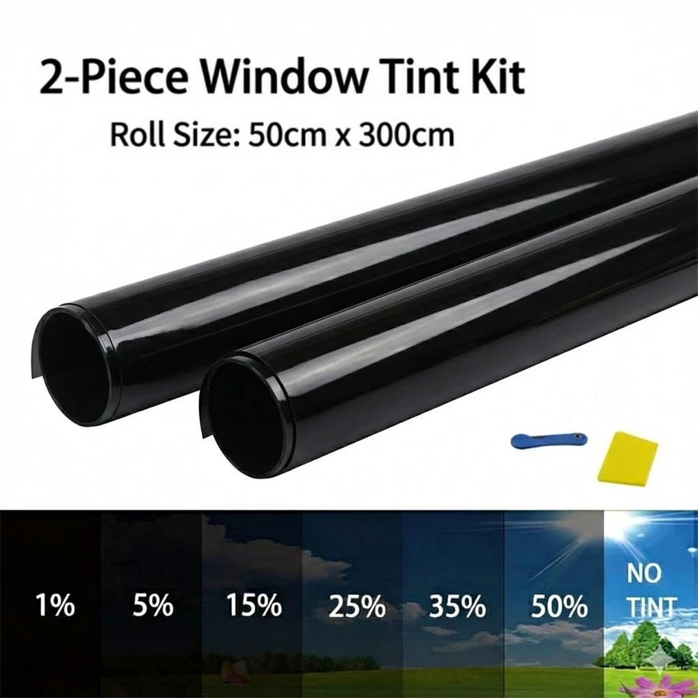 2PCS Black Car Window Tint Film 50×300cm Removable Tint Car Window Universal Cars Windshield Tint Sun Strip with KnifeScraper