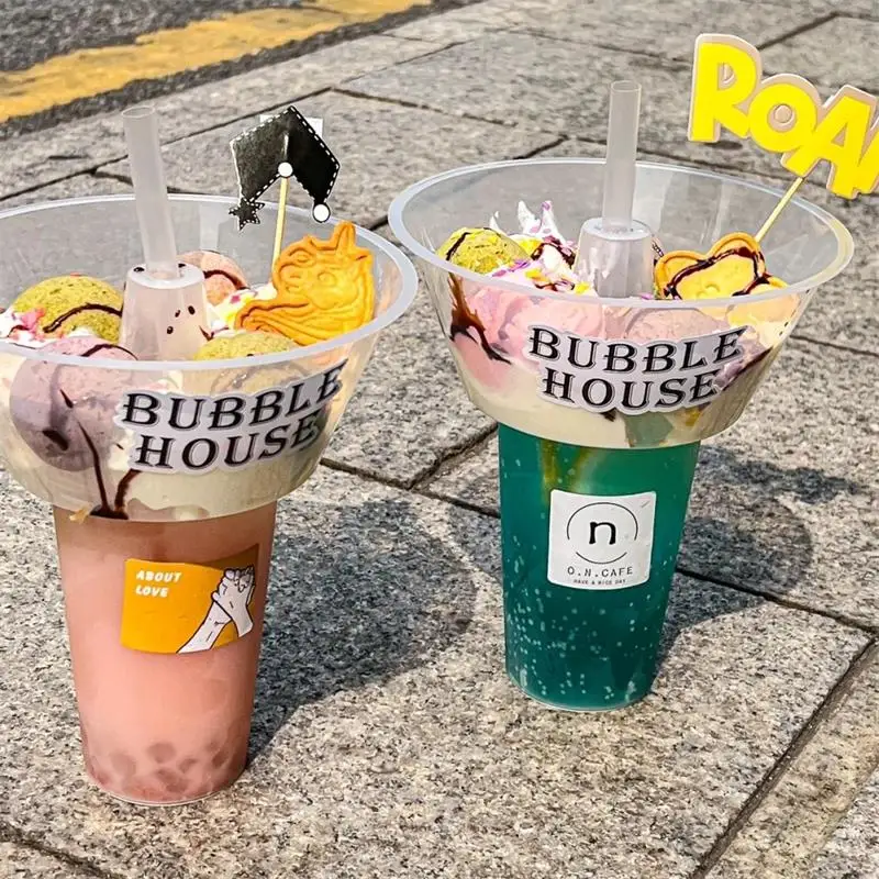 2PCS 2In1 Drink Snack Cup Bowl Bubble Milk Tea Fruit Portable Cups Stadium Tumbler Desserts Fondue Coke Water Bottle Adults Kids