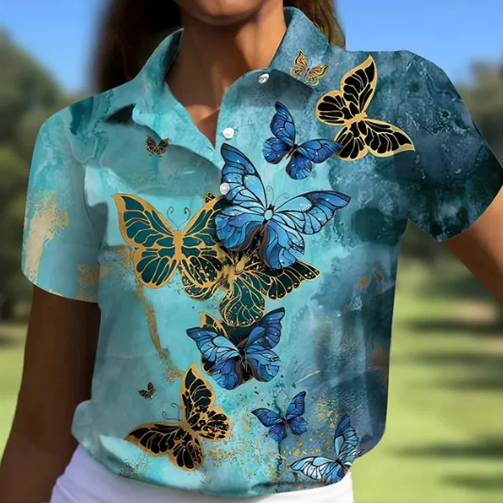 Polo de Golf para mujer, camiseta de manga corta con estampado de mariposa, camisa deportiva transpirable de secado rápido a la moda, verano 2024