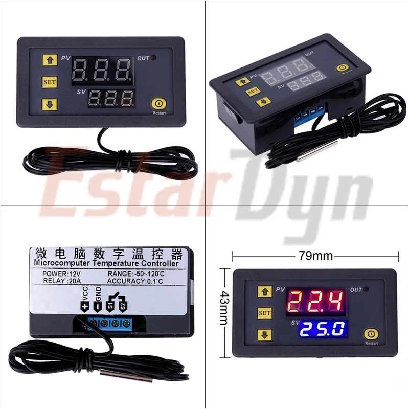 W3230 12V 24V AC110-220V Probe line 20A Digital Temperature Control LED Display Thermostat With Heat/Cooling Control Instrument