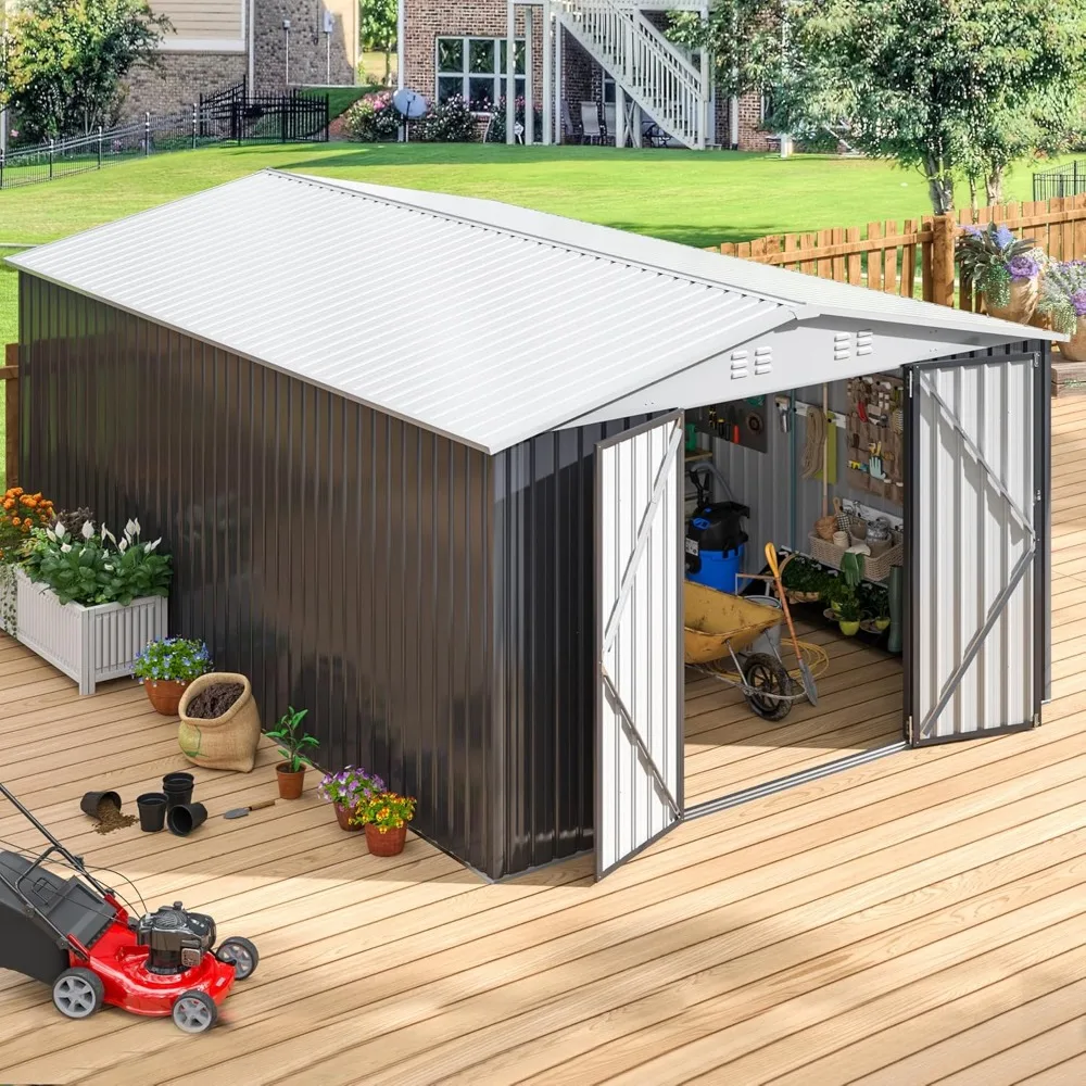 10x14 Outdoor Storage Shed, Garden Shed with Updated Frame Structure and Lockable Doors, Metal Tool Sheds