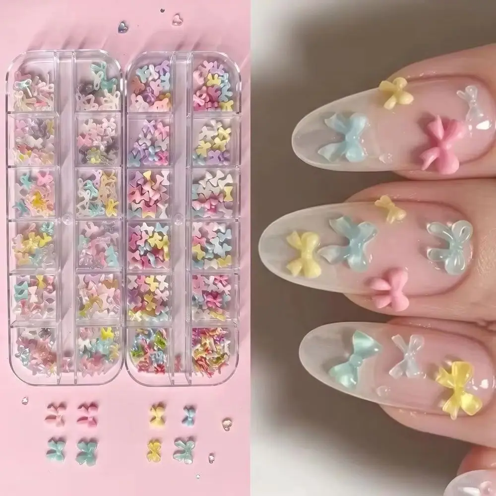 1 Box Colorful Aurora Mini Bow Nail Charm Kawaii Resin Macaron Bowknot Nail Art Rhinestone Nail Supplies Manicure Decoration