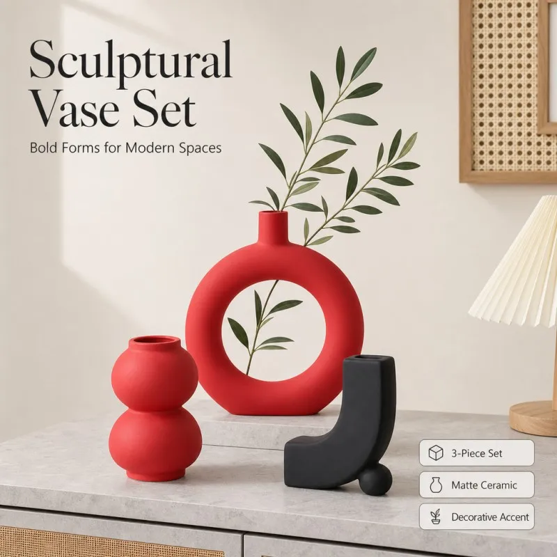 3Pcs Matte Geometric Vase Set, Modern Abstract Sculpture Shape Dry Flower Vessel, Red & Black Matte Surface Tabletop Ornament, M
