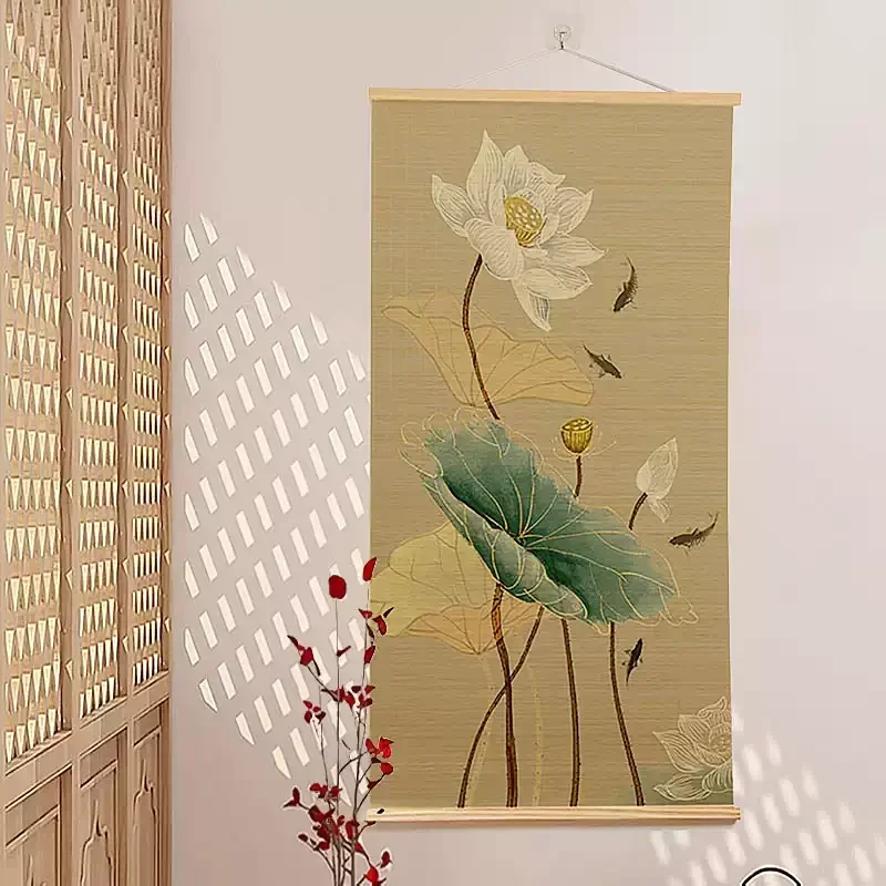New Style Lotus Zen Printed Bamboo Curtain, Chinese Intangible Heritage Art Decor for Living Room, Tea Room & Porch