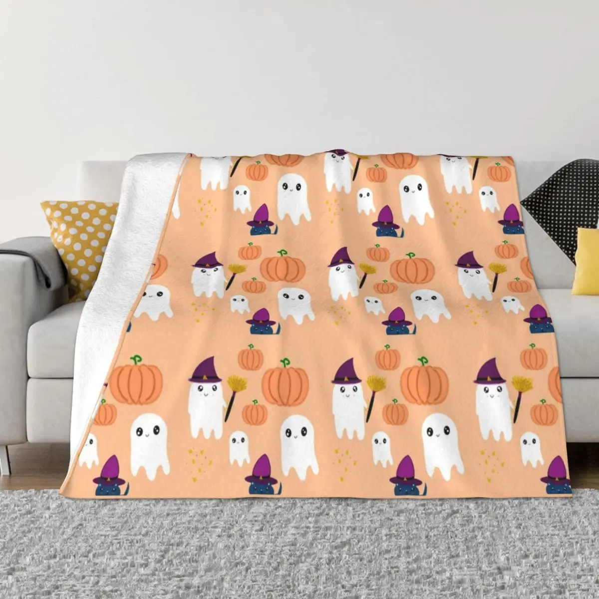 Cute Halloween Fall Ghosts Pumpkins And Cat Blankets Flannel Spring Autumn Party Soft Throw Blanket for Sofa Couch Rug Piece