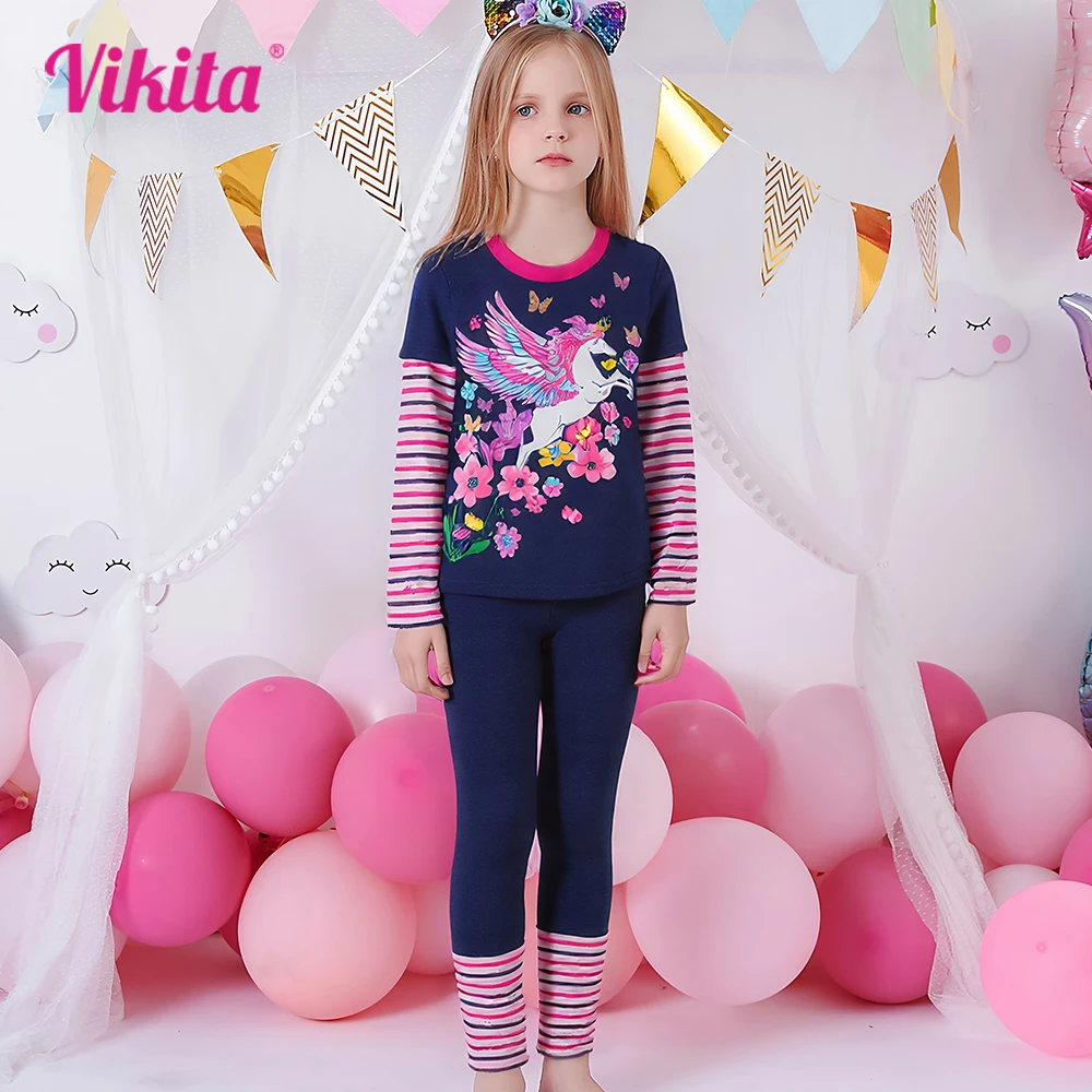 

VIKITA 2025 New Children Clothing Girls Flower Licorne Print Long Sleeve Cotton Casual Tops Tees and Skinny Pencil Pants 2 Pcs