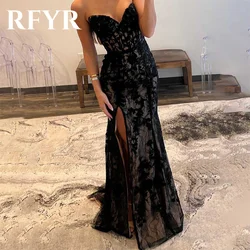 RFYR Black Evening Dresses Trumpet Corset Sweetheart Prom Dress with Appliques فستان سهرة Tiered Tulle Sleeveless Party Dress