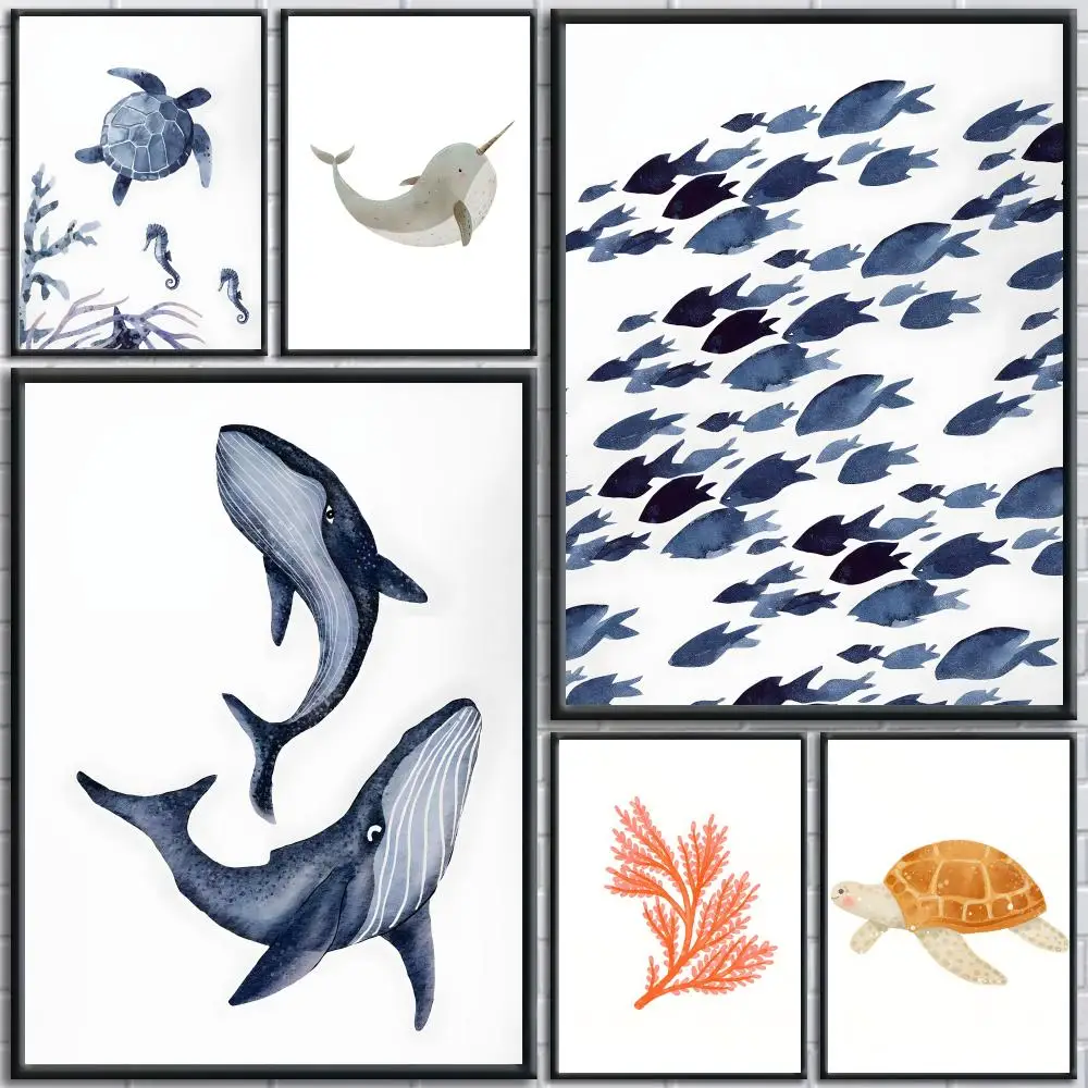 Ocean Animal Shark Turtle Dolphin Whale Fish Poster Wall Art Poster Sticker For Living Room Bar Bedroom Home Decoration