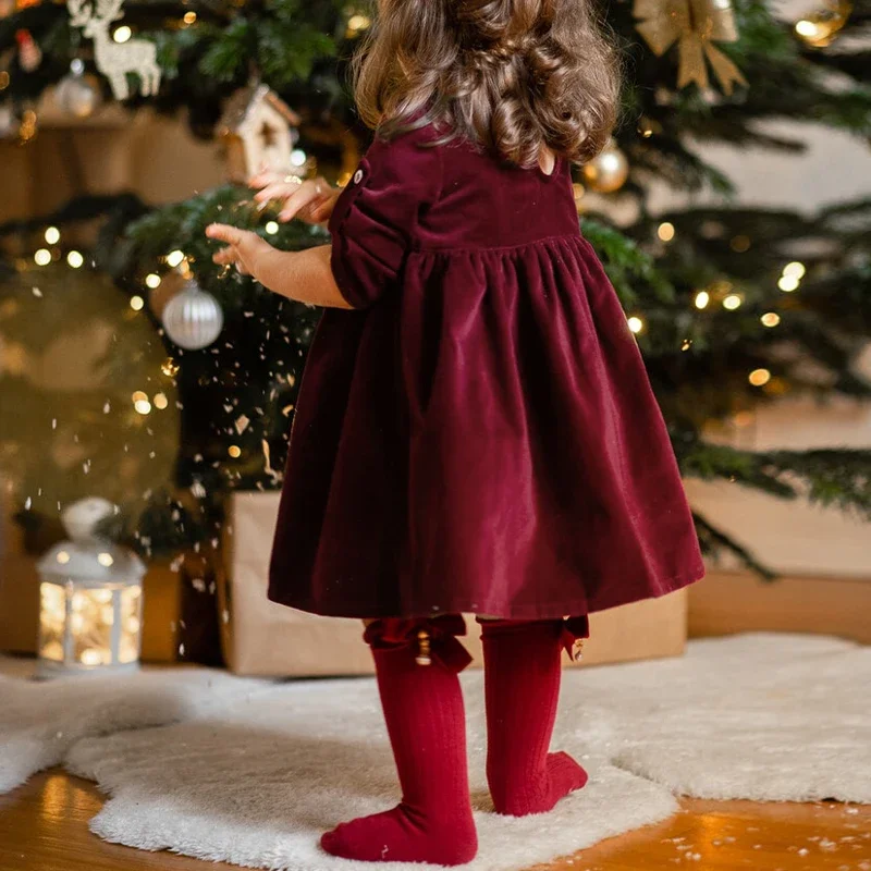 Chic Christmas Red Evening Party Velvet Dress Girls 2024 Solid Color Loose Long Sleeved Autumn Dresses Toddler Kids Clothes