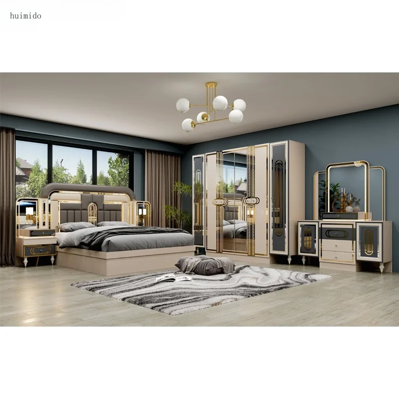 Turkish Style Luxury Wooden Bedroom Set Double Upholstered Bedroom Modern Extra Large Family Furniture