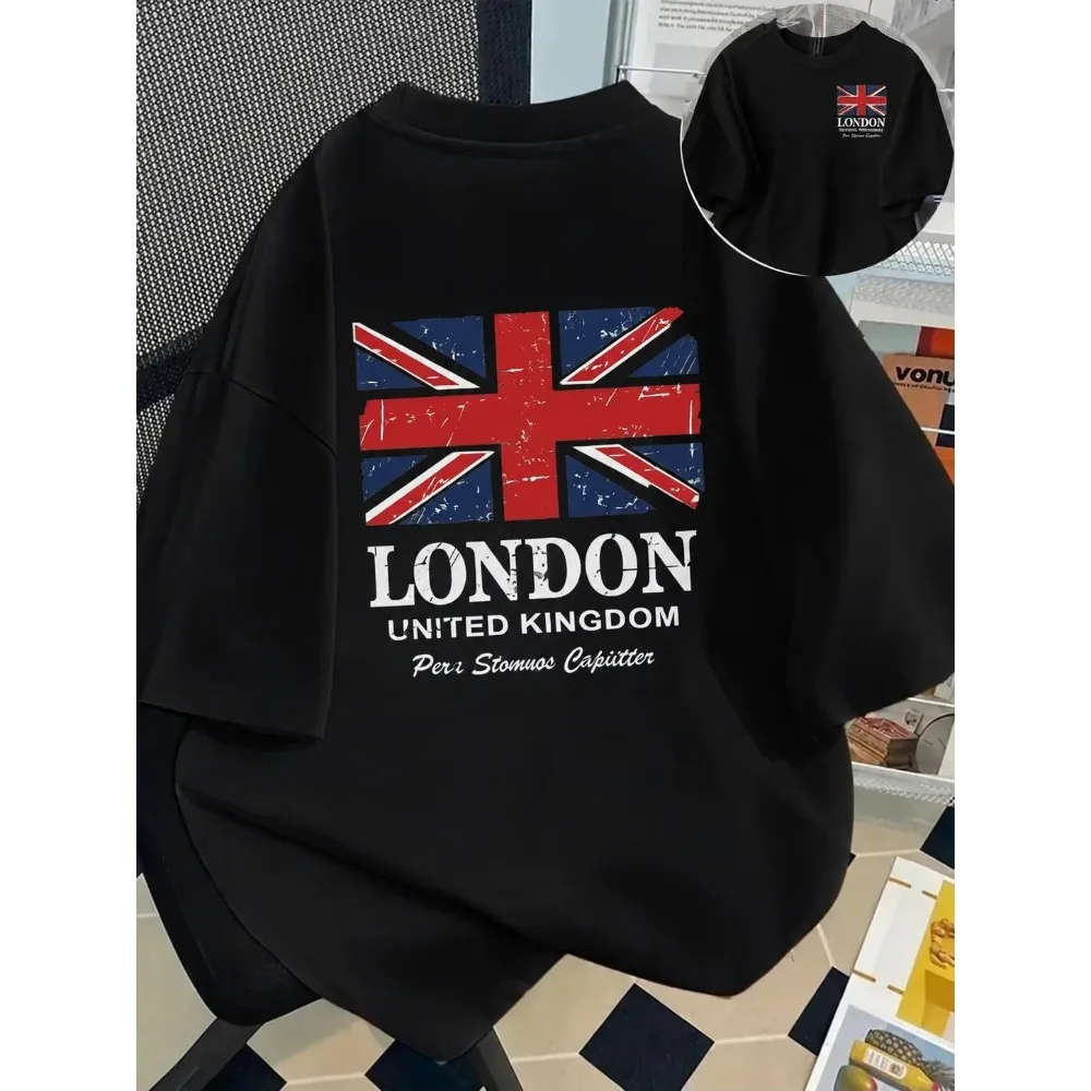 2026 Men's London Union Jack Print T-Shirt Summer Casual Cotton Short-Sleeve T-Shirt Fashion Casual Streetwear Short-sleeve Top