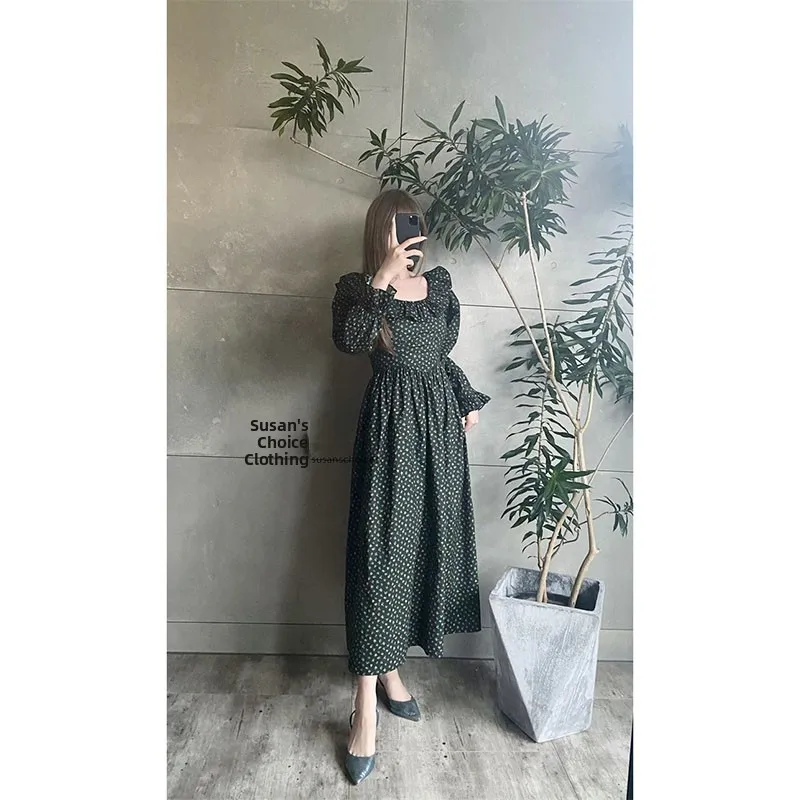 スーザン・エレ・フローラルプリント・ロングスリーブ・ミディ丈ワンピース レディース ハイウエスト コットンガーゼ 春ファッション カジュアルワンピース