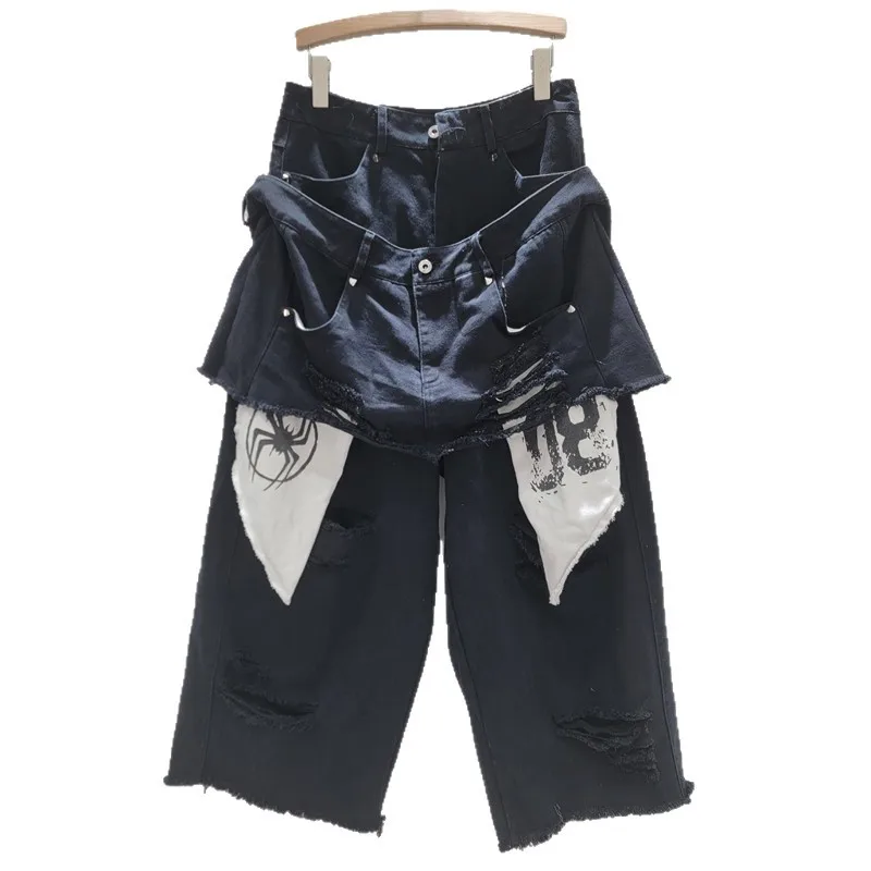 Street Style Design Patchwork Fake Two-Piece Color-Block Denim Cropped Pants American High Street Loose Ripped Straight Pants