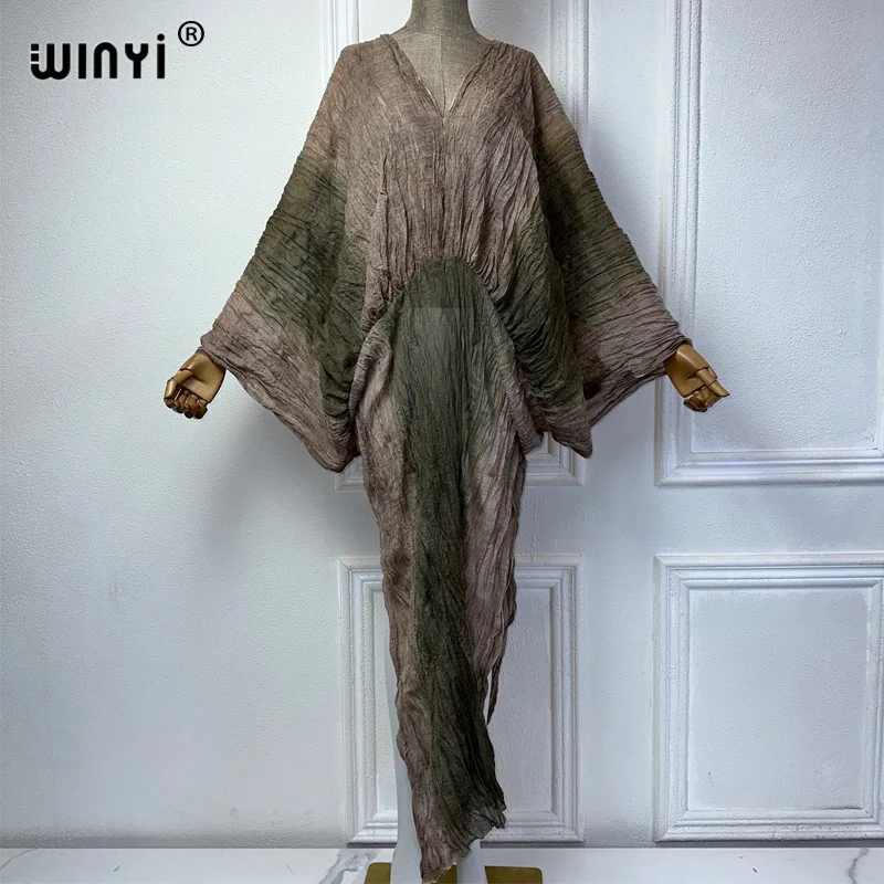 WINYI Summer Tie-dyed retro wrinkled long dress Loose robe Femme Vestidos holiday beach cover up maxi kaftan abaya dubai luxury