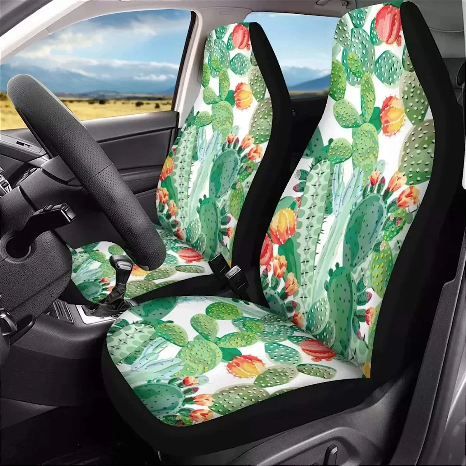 Green Cactus with Flower Painting Bucket Seat Cover for Girls WomenBreathable Soft Car Front Seat Cover Protector 2pcs Set