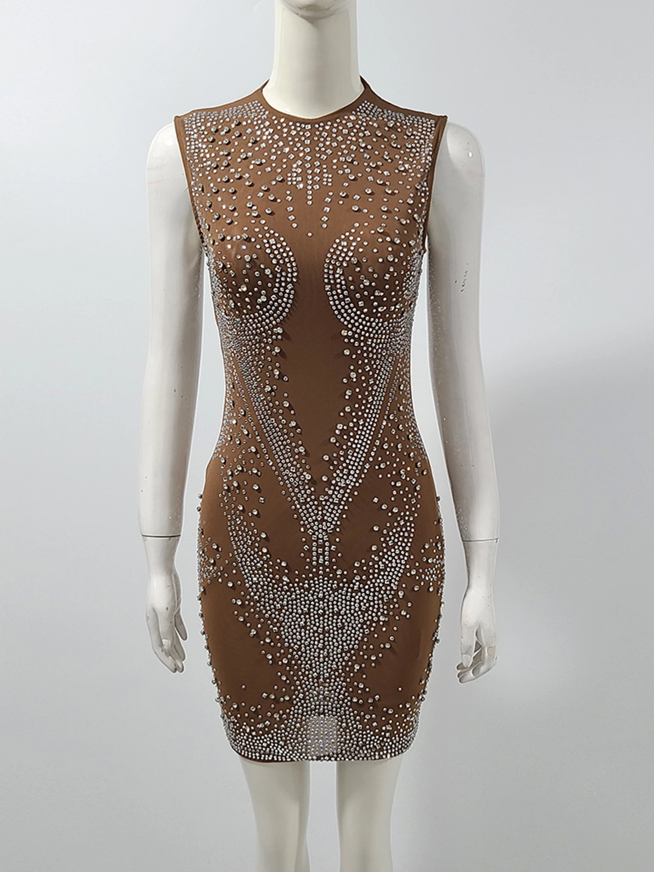 Mini robe à col rond pour femme, maille diamantée luxueuse, marron, sexy, élégante, robe de soirée, haute qualité, 2024