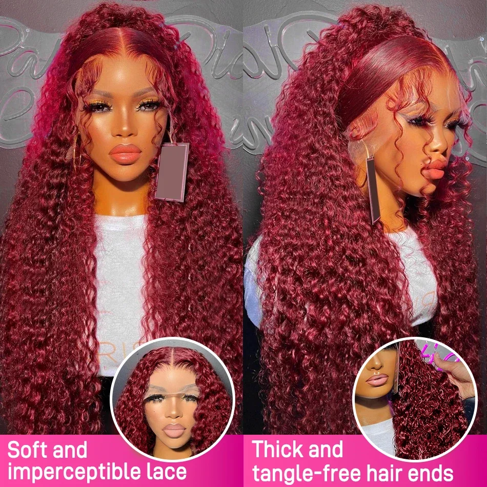 Brazilian Water Wave Lace Frontal Wigs para Mulheres, Cabelo Humano, Borgonha, 250%, 36in, 13x4, 99j