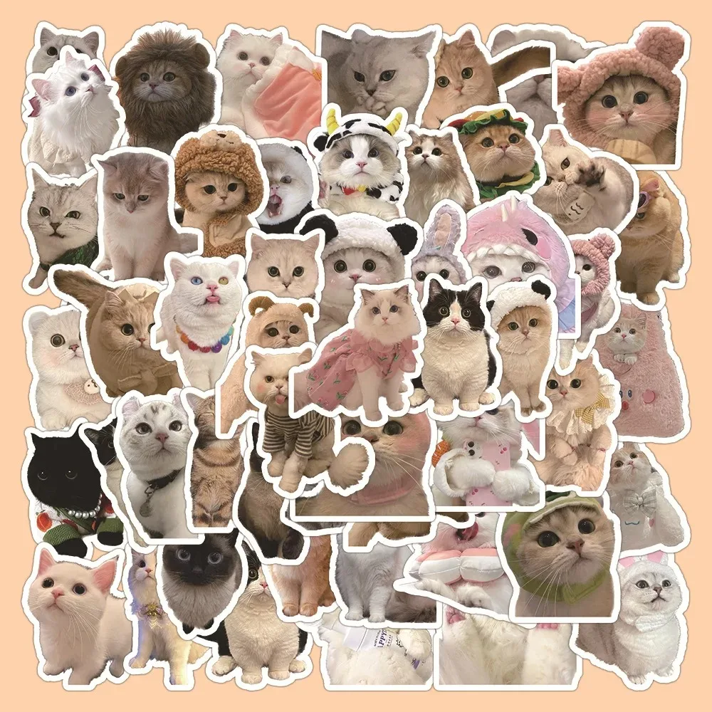 50/60pcs Kawaii Cat Mood Meme Sticker Waterproof Sticky Aesthetic Decorative Scrapbook Cute Sticker DIY Phone School Supplies