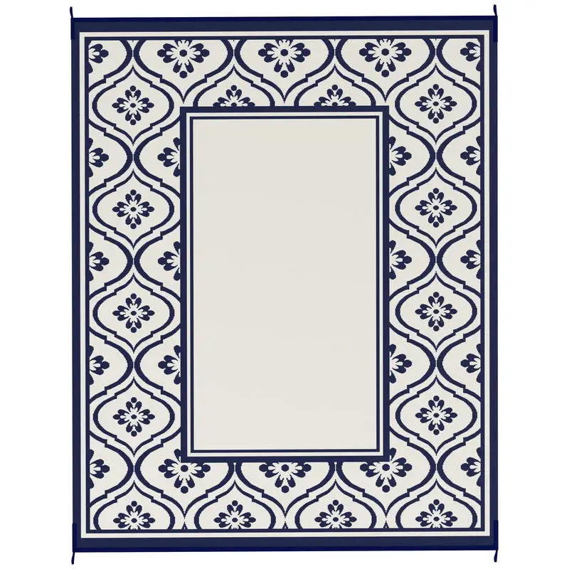 

Outsunny Reversible Outdoor Rug, Waterproof Plastic Straw with Carry Bag, 8' x 10', Blue & White Gourd Border