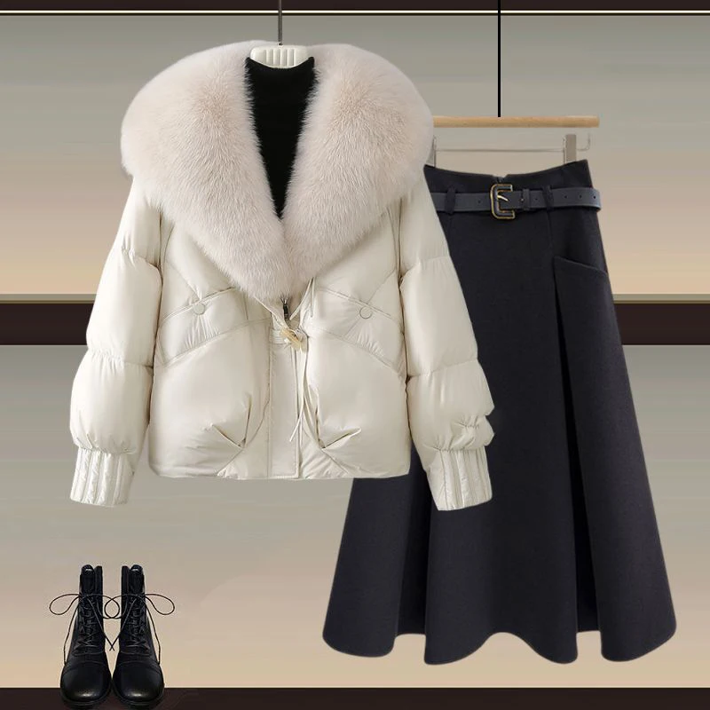 Cappotto e gonna da donna invernale Thiened Set gonna snellente a vita alta Abito lungo a due pezzi con collo in pelliccia sintetica calda