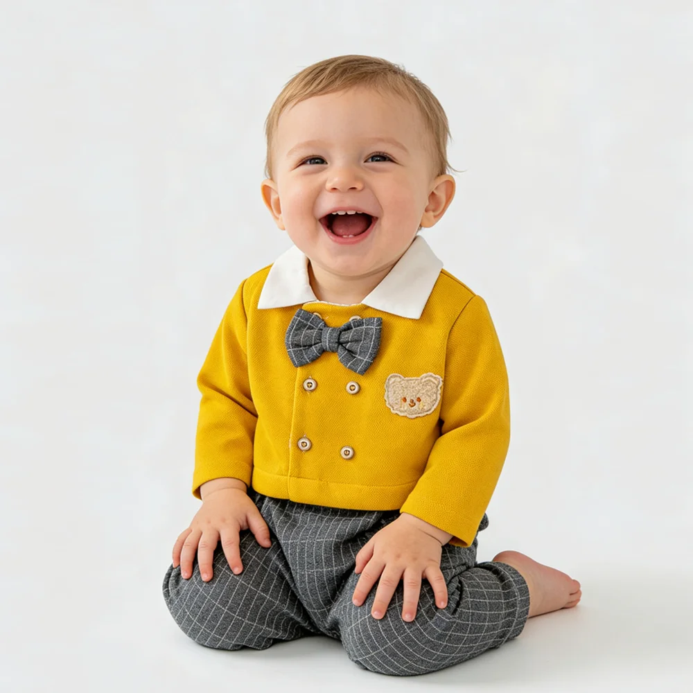

Комбинезон-ромпер для мальчика в стиле джентльмена, горчично-желтый, с галстуком-бабочкой, в клетку, цельный, для первого дня рождения, крещения, праздничный наряд