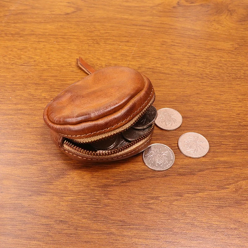 New Vintage Handmade Tanned Cowhide Coin Purse Women's Small Earphone Bag round Personalized Coin Wallet Compact Size