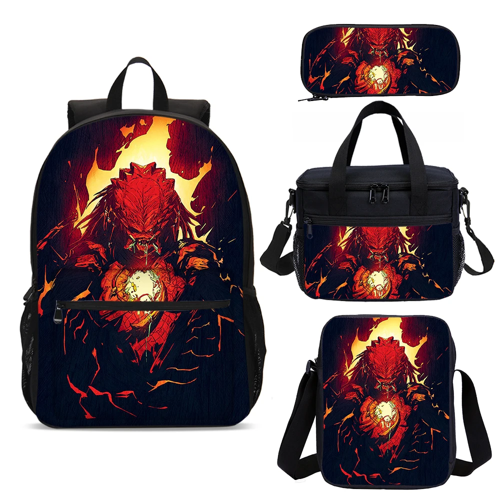 4PCS Set 3D Aliens vs Predator Print School Backpack ,Shoulder Bags ,Pencil Case for Grade 1-3,Large Prints School Bags for Boy
