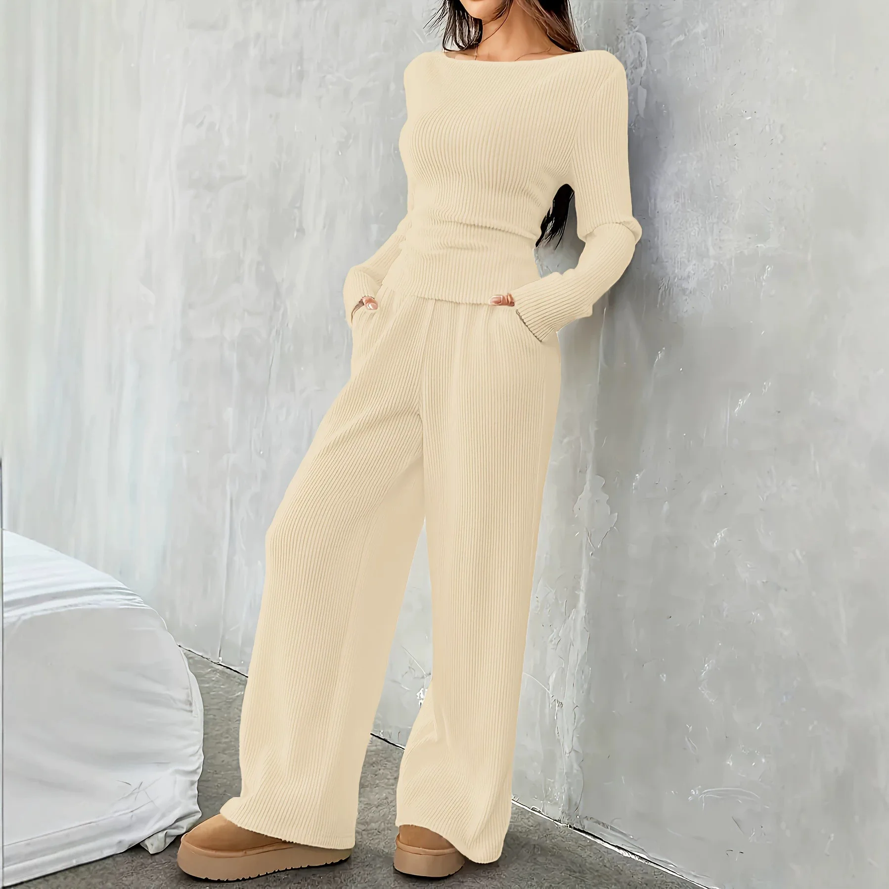 2026 Autumn and Winter New High-end Slim-fitting Long-sleeved Top, Wide-leg Pants Set